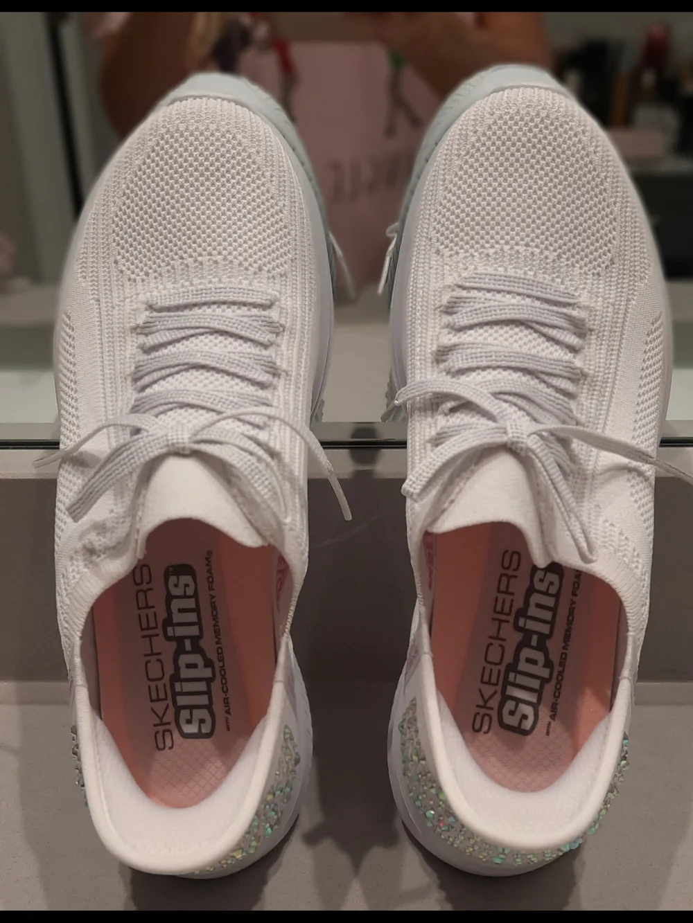 Skechers Women's White Slip-Ins Memory Foam Sneakers with Sparkling Rhinestones